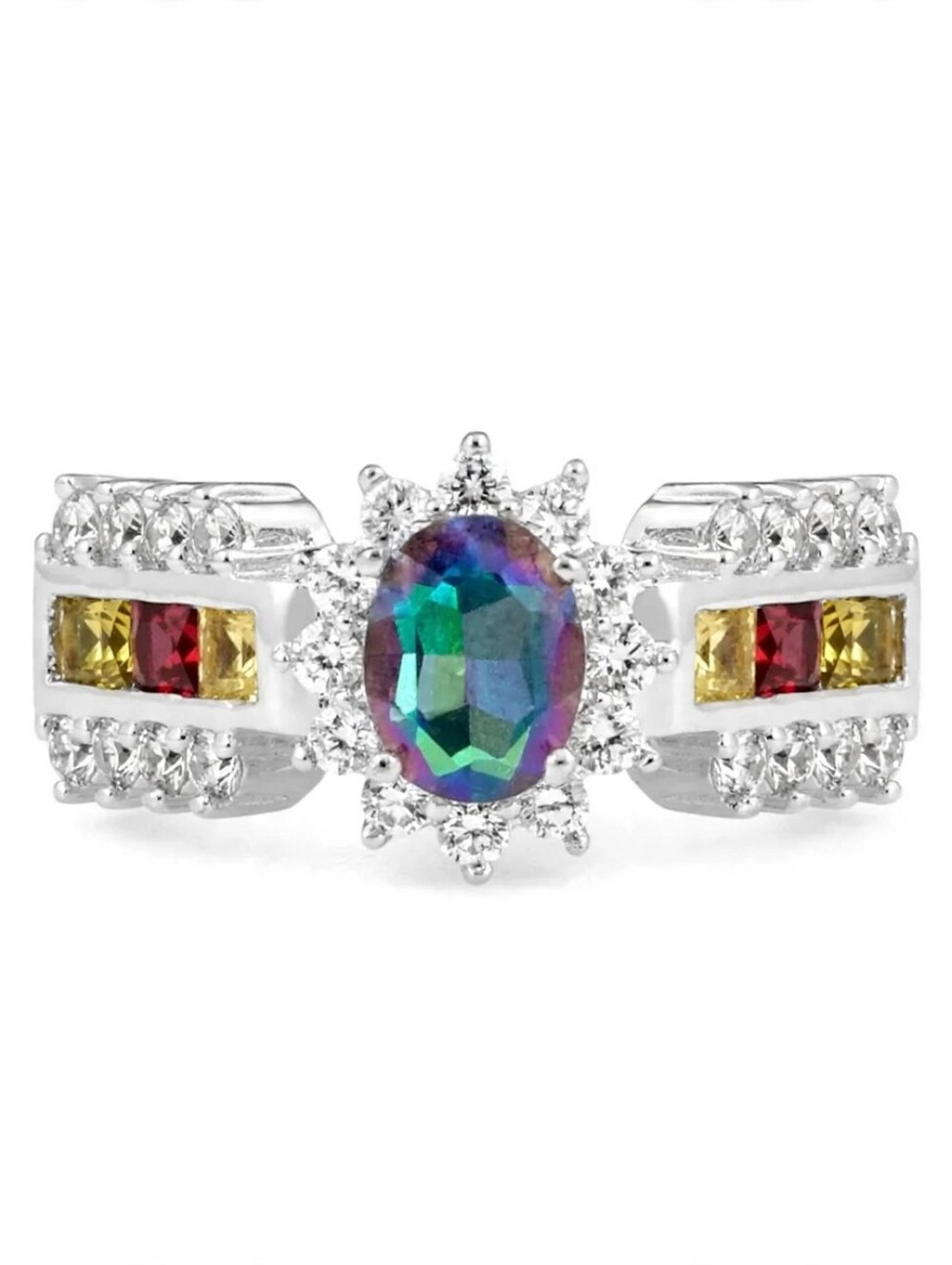 925 Silver Big Rainbow Mystic Ring Oval Center Colorful Side Stones Size 9